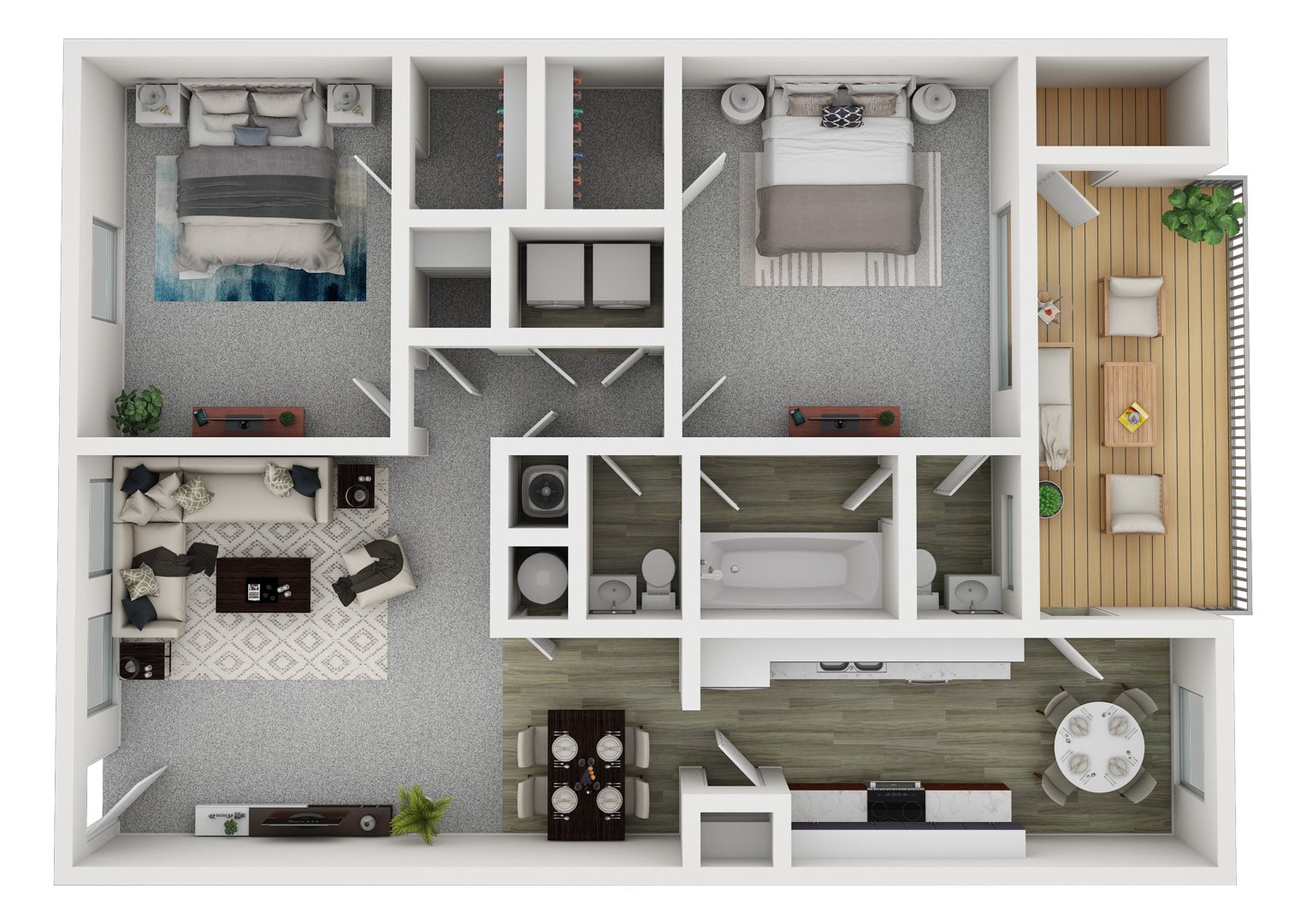 Elm River Ridge Apartments Elm Floor Plan, with bedroom, kitchen, living room, washer and dryer, deck and a bathroom.